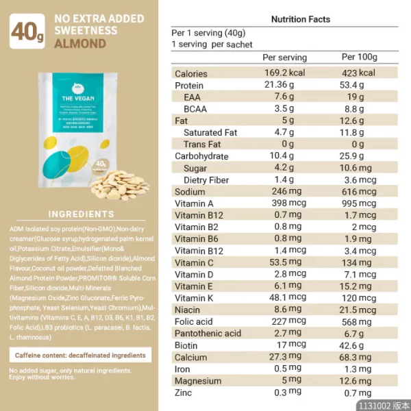 【THE VEGAN】Classic Plant-Based Protein - No Extra Added Sweetness Almond (40g) - Image 7